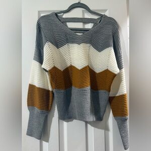 Striped Gray, White, and Golden Brown Women's Sweater